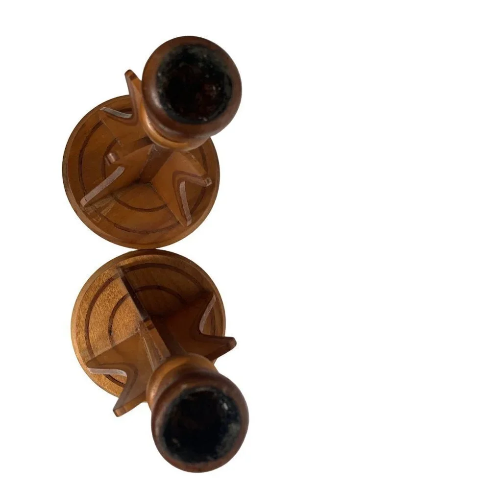 Pair Vintage Mid Century Wood Inlay Candle holders Scandinavian 10 inch